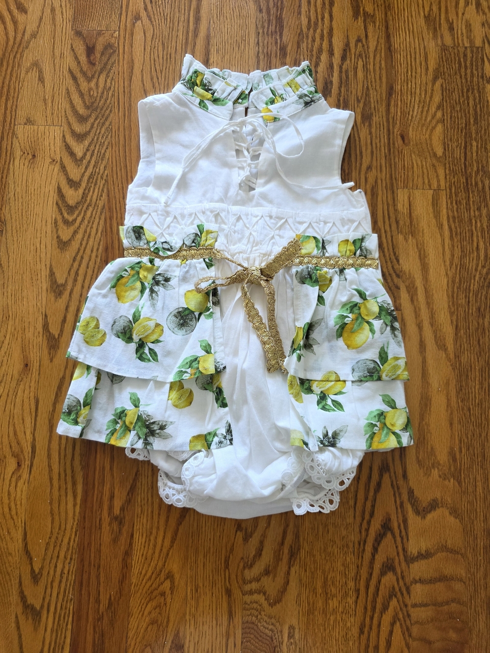 White Lemon-Print Baby Dress Romper with Gold Accent